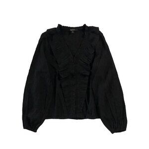 Marc New York Blouse Womens Size M Black Ruffle Trim V-Neck Long Sleeve Top